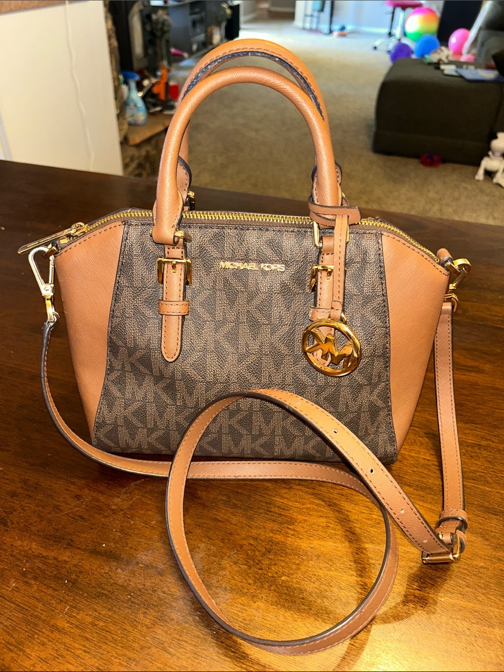 Michael Kors Brown MK Logo Satchel with Tan Accents